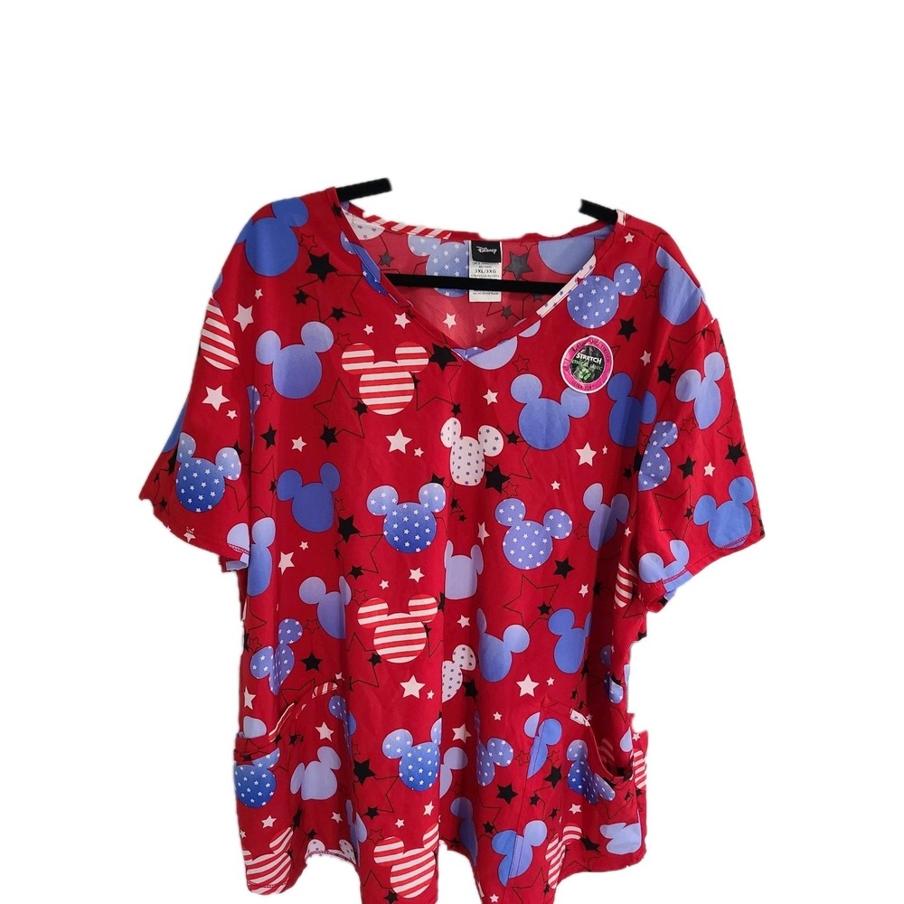 Disney  Mickey Mouse Red, White & Blue Scrub Top 3XL STRETCH PATRIOTIC 3‎ POCKET